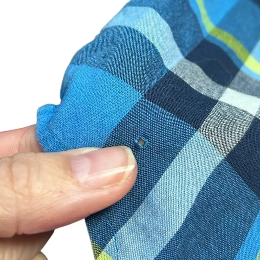 Cat & Jack Boys Blue Green Plaid Button Down S 6/7 FLAW